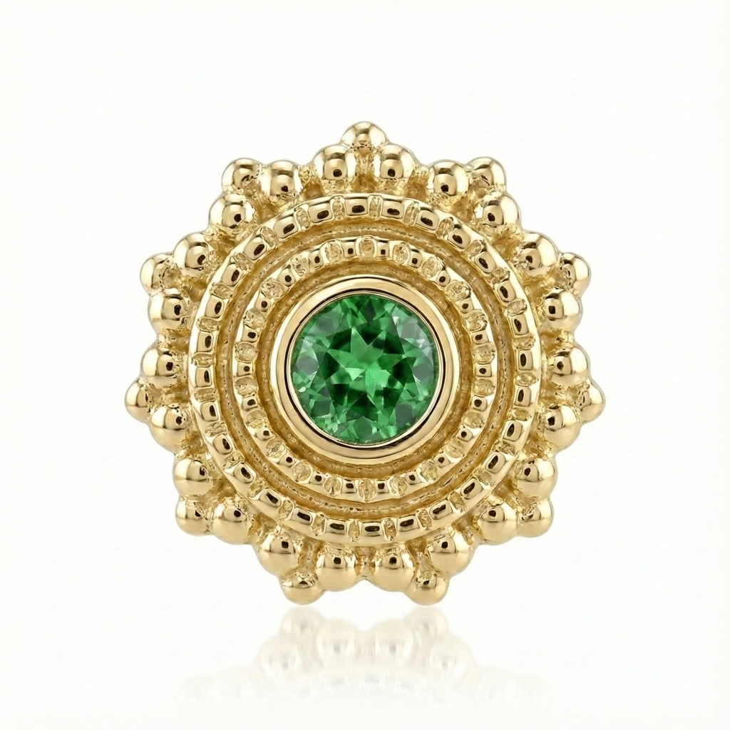 Gold earring with a green gemstone on a white background