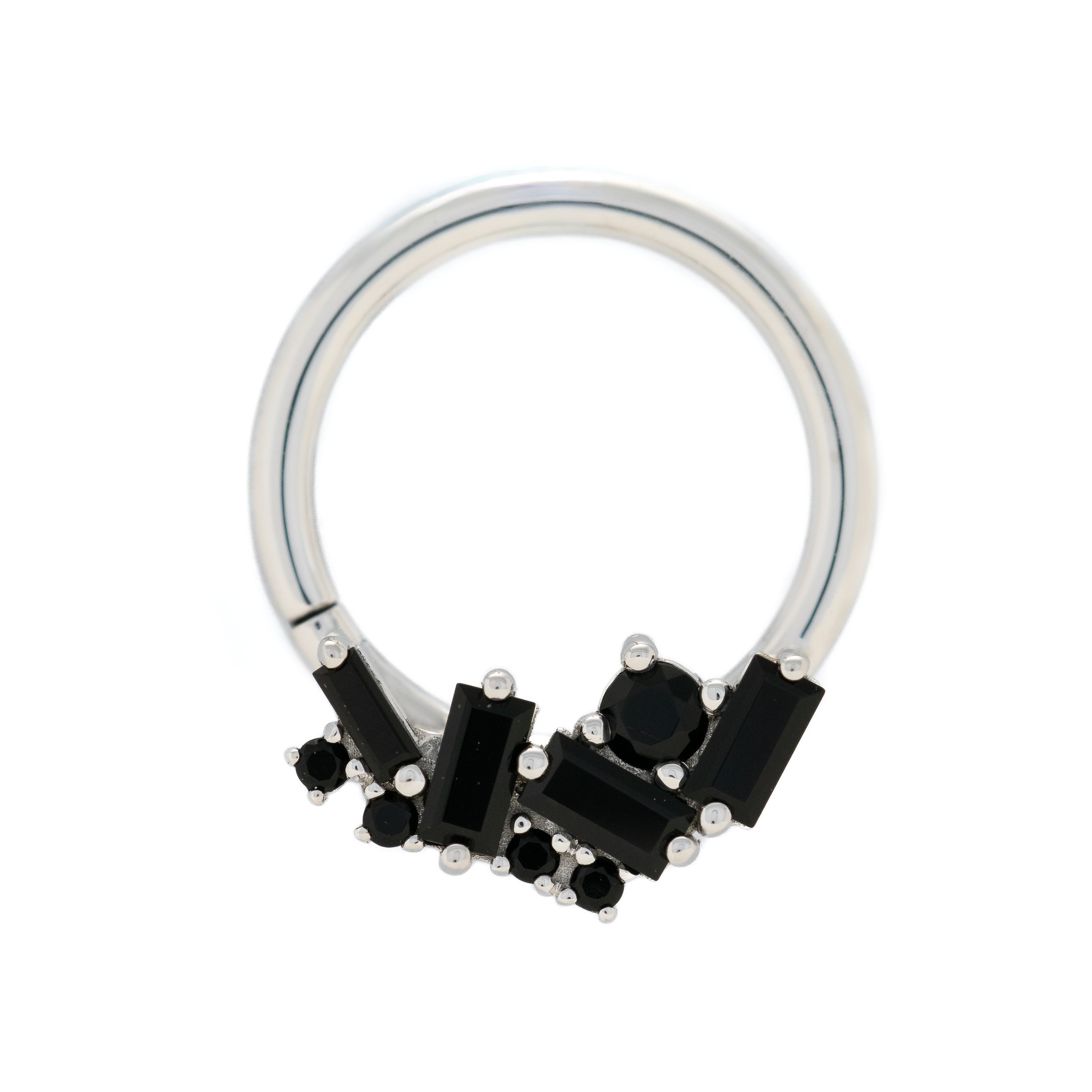 Black and silver jewelry piece on a white background