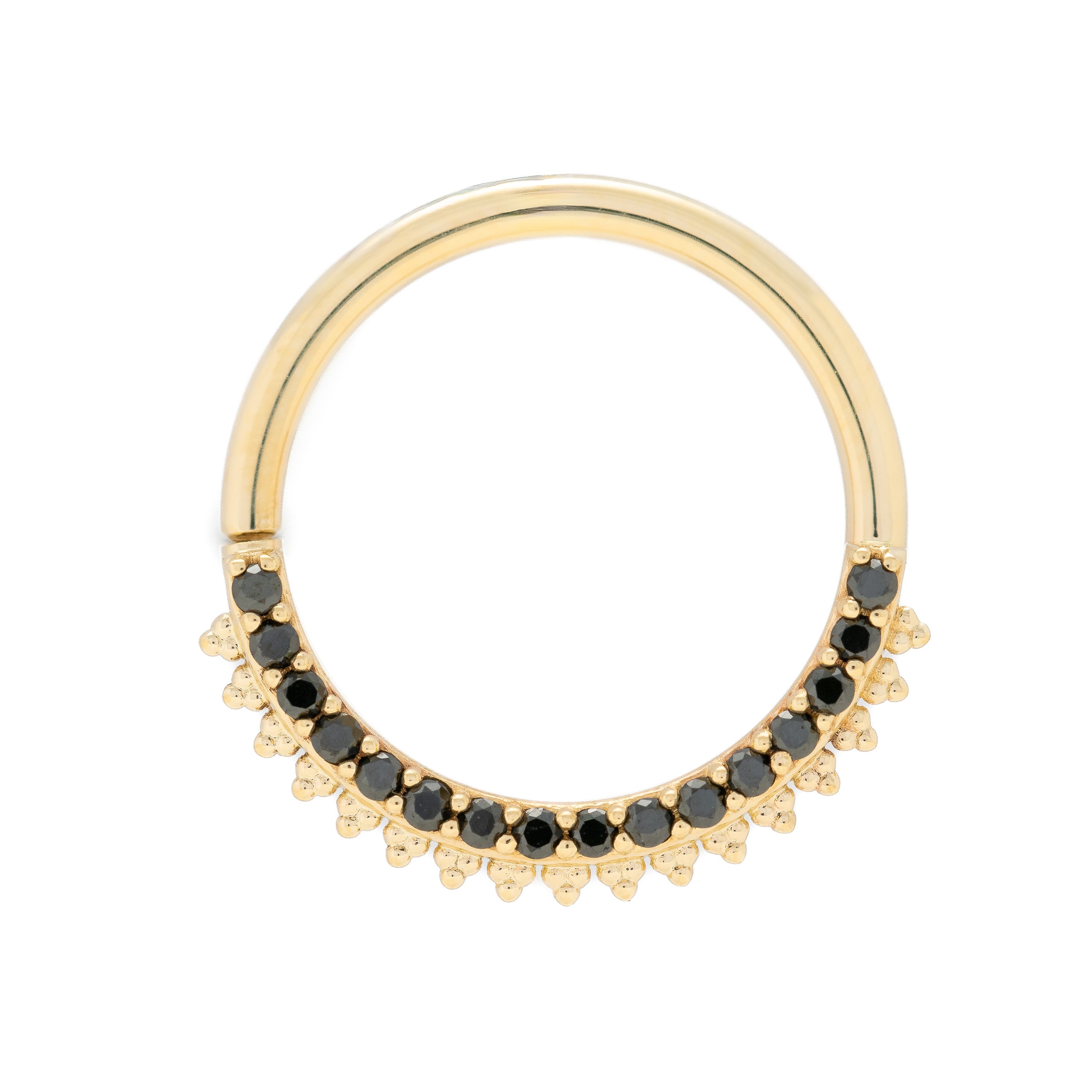 Gold nose ring with black gemstones on a white background