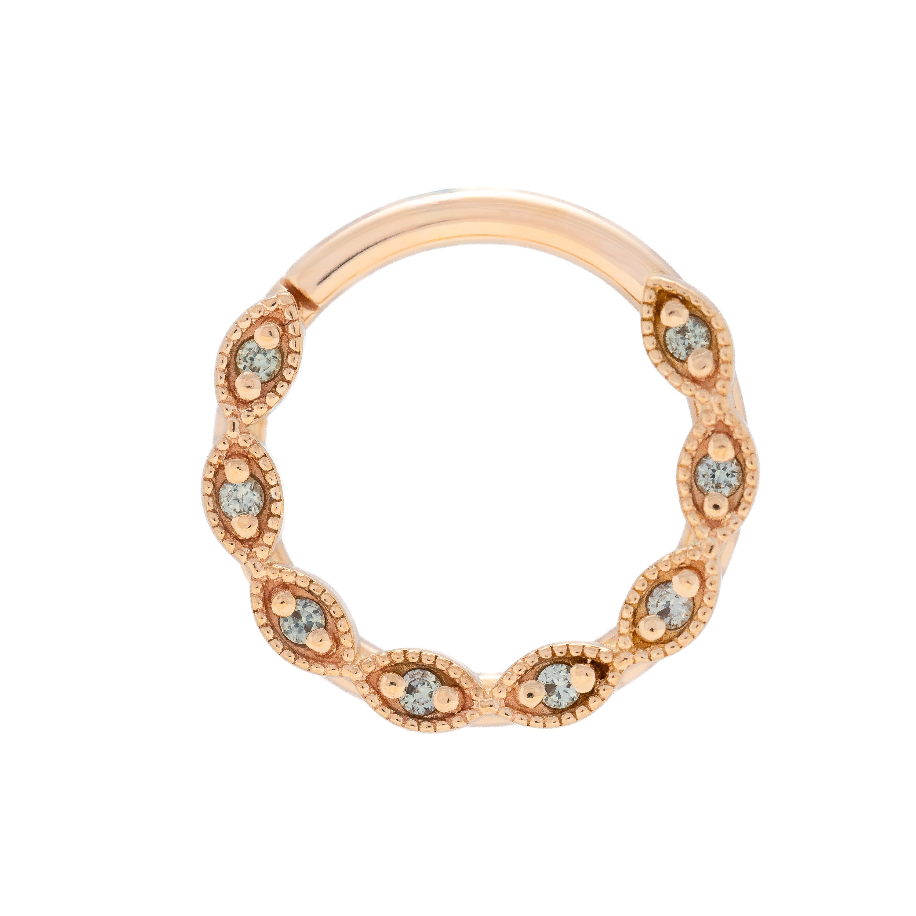 Rose gold ring with embedded diamonds on a white background