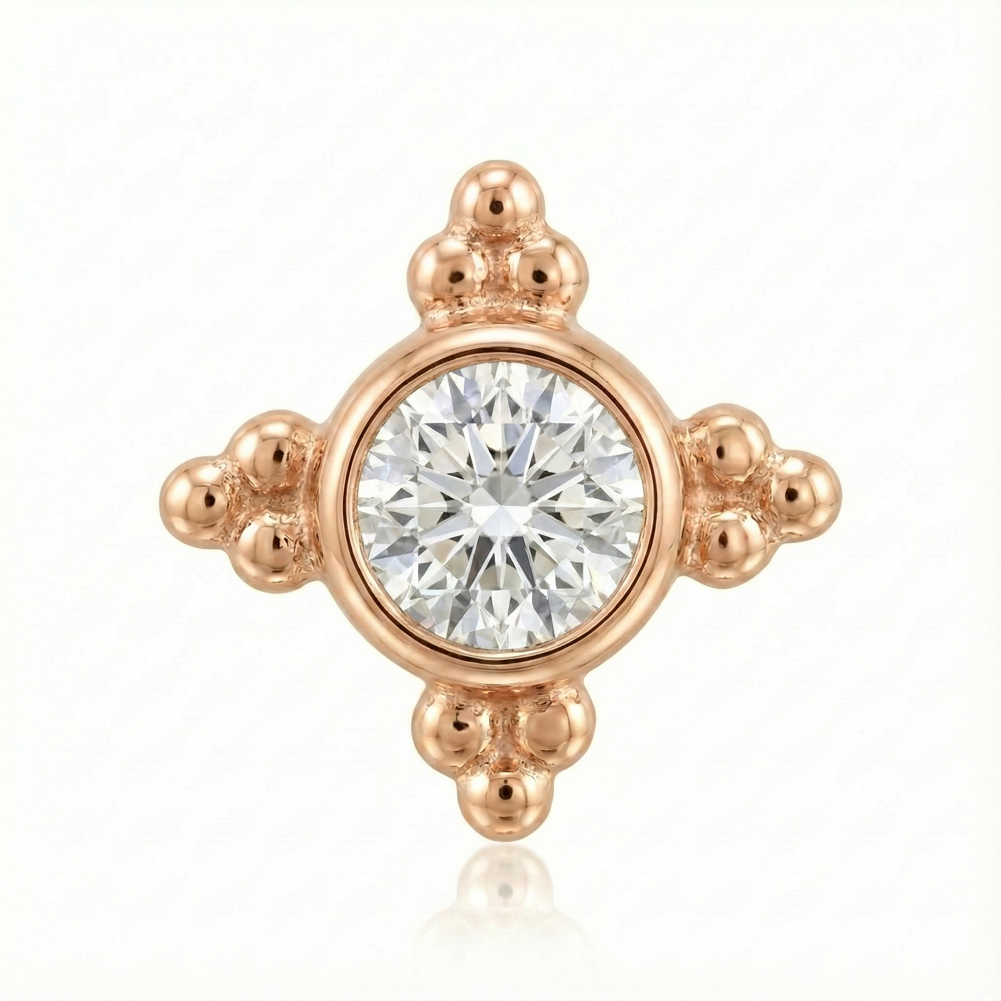 Rose gold earring with a central diamond on a white background